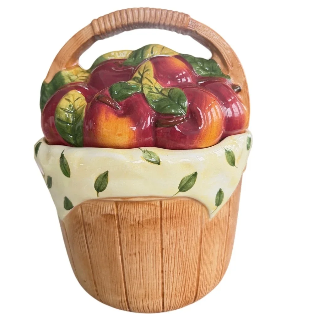 Vintage Cooks Club Apple Basket Ceramic Cookie Jar hand painted  Harvest Decor